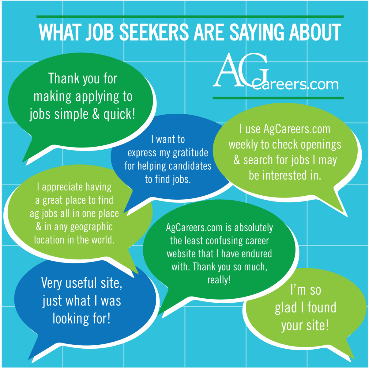 Infographic- Title: What Job Seekers are saying about AgCareers.com.  Image Text: Thank you for making applying to jobs simple & quick!  I want to express my gratitude for helping candidates to find jobs.  I use AgCareers.com weekly to check openings & search for jobs I may be interested in.  I appreciate having a great place to find ag jobs all in one place & in any geographic location in the world.  AgCareers.com is absolutely the least confusing career website that I have endured with.  Thank you so much, really!  Very useful site, just what I was looking for!  I’m so glad I found your site!    