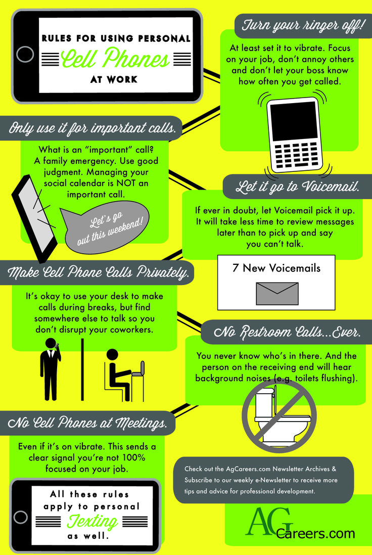Infographic - Title: Rules for Using Personal Cell Phones at Work. Image Text: Turn your ringer off!  At least set it to vibrate.  Focus on your job, don’t annoy others and don’t let your boss know how often you get called.  Only use it for important calls.  What is an “important” call?  A family emergency.  Use good judgment.  Managing your social calendar is NOT an important call.  “Let’s go out this weekend!”  Let it go to voicemail.  If ever in doubt, let voicemail pick it up.  It will take less time to review messages later than to pick up and say you can’t talk.  “7 New Voicemails.”  Make cell phone calls privately.  It’s okay to use your desk to make calls during breaks, but find somewhere else to talk so you don’t disrupt your coworkers.  No restroom calls…ever.  You never know who’s in there.  And the person on the receiving end will hear background noises (e.g. toilets flushing).  No cell phones at meetings.  Even if it’s on vibrate.  This sends a clear signal you’re not 100% focused on your job.  All these rules apply to personal testing as well.  Check out the AgCareers.com Newsletter archives & subscribe to our weekly e-newsletter to receive more tips and advice for professional development.  www.AgCareers.com
