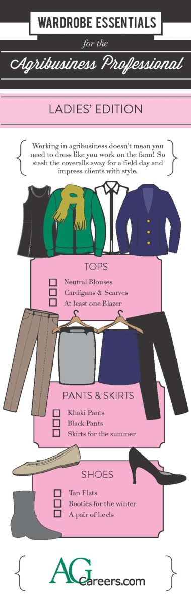 Infographic- Title: Wardrobe Essential for the Agribusiness Professional – Ladies’ Edition.  Image Text: Working in agribusiness doesn’t mean you need to dress like you work on the farm! So stash the coveralls away for a field day and impress clients with style.  Tops:  Neutral blouses; cardigans & scarves; at least one blazer.  Pants & Skirts:  Khaki pants; black pants; skirts for summer.  Shoes:  Tan flats; booties for winter; a pair of heels.  www.AgCareers.com   